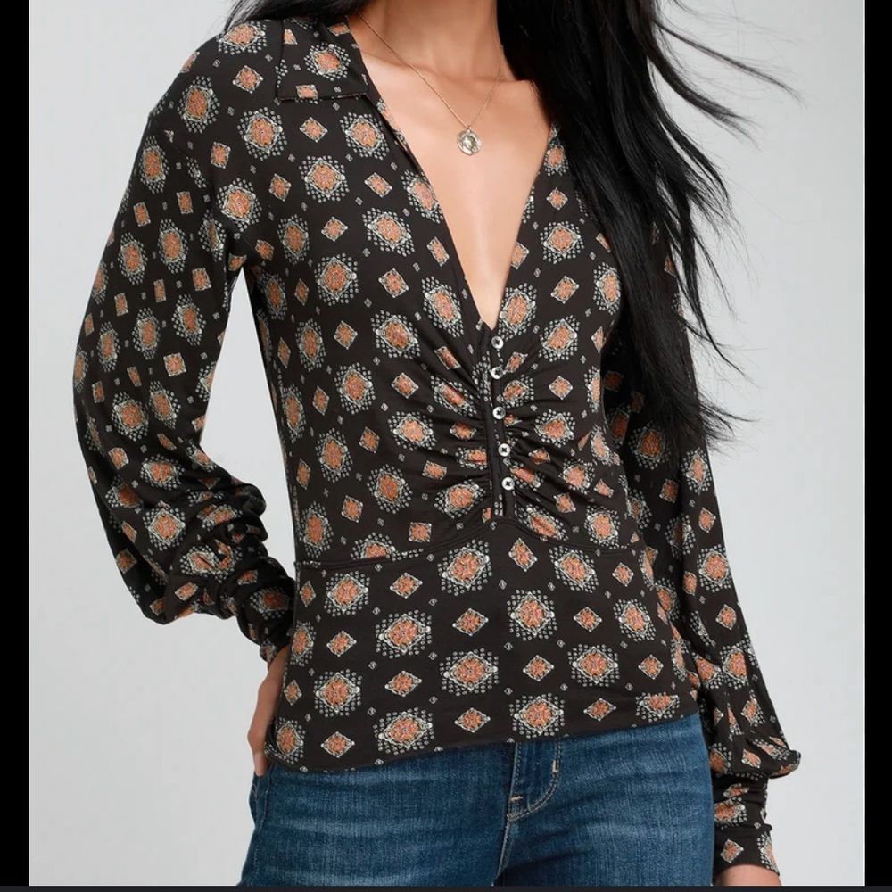 Free People Black 90s Long Sleeve Crop Collared Deep V Sm-Lg